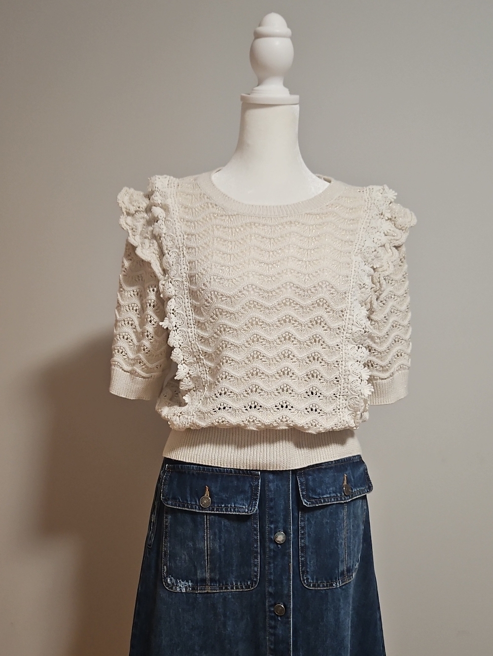 Kachel Anthropologie Cream Crochet Knit Ruffle Sleeve Top - Women